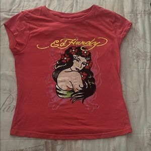 Ed Hardy Coral Pink Graphic Tee with Yellow Logo